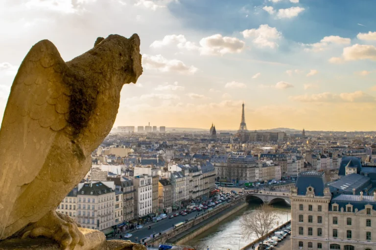 view from notre dame de paris with winged gargoyle in the foreground and paris skyline including eifferl tower in the background, one of the best views of paris