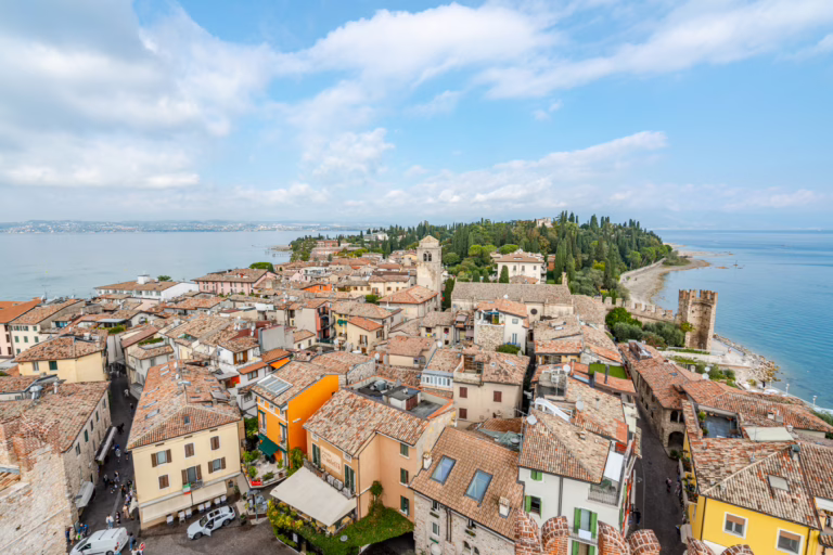 view of sirmione italy and lake garda from the top of scaliger castle, one of the best things to do sirmione