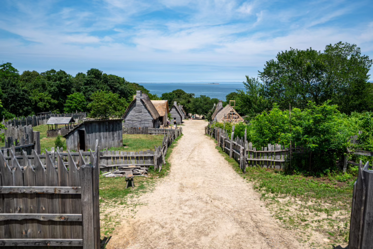 view of 17th century english village at plimoth patuxet from above, on a plymouth day trip from boston massachusetts
